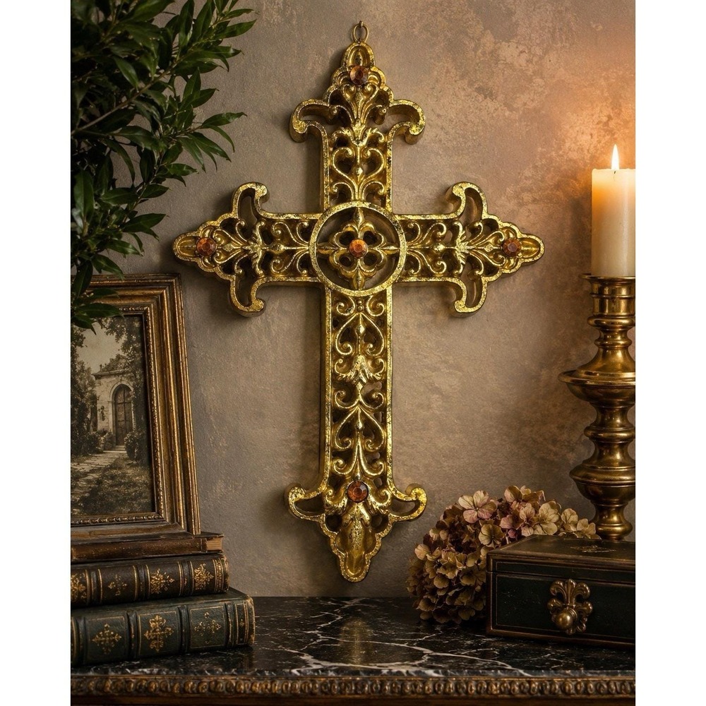 Vintage Ornate Gold Tone Filigree‎ Hanging Cross Amber Rhinestones 13" x 9"